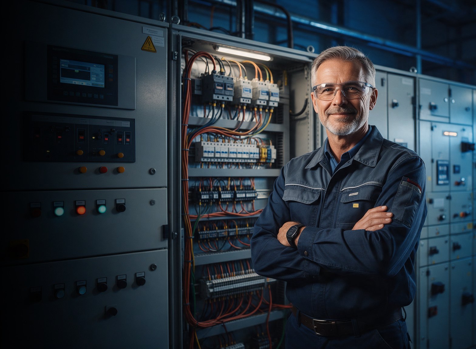 Ingeniero electrico senior frente a tablero de control industrial - Sistemas Electricos y Control